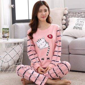 Stylish Sleeping Cat Printed Full Sleeves Night Suit For Ladies